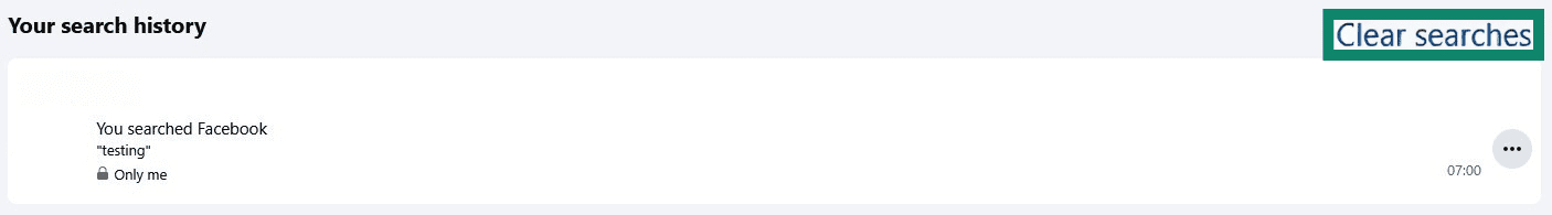 Facebook search history with Clear searches highlighted.