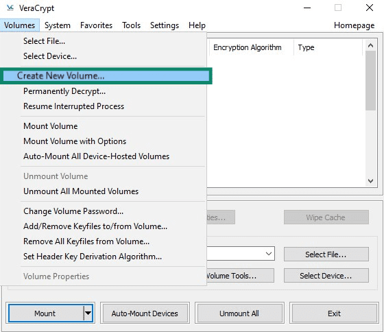 VeraCrypt Volumes menu with the Create New Volume... option highlighted.