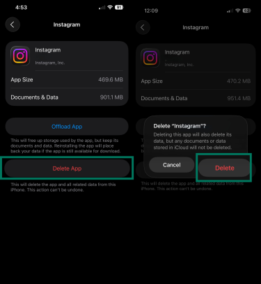Instagram app settings showing Delete App button highlighted on iPhone.