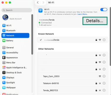 macOS Network menu.