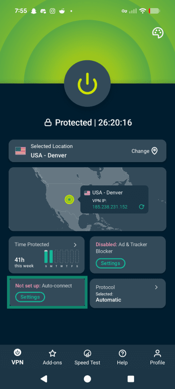 The ExpressVPN Android app with "Not set up: Auto-connect" highlighted in the bottom left.