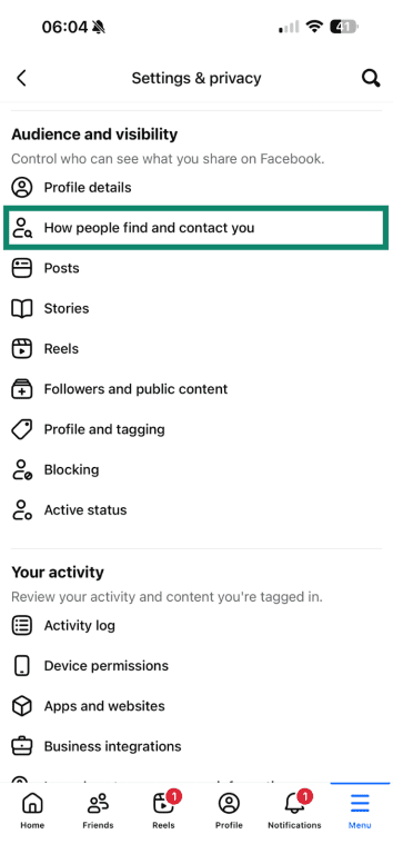 cebook mobile settings menu with "How people find and contact you" highlighted.