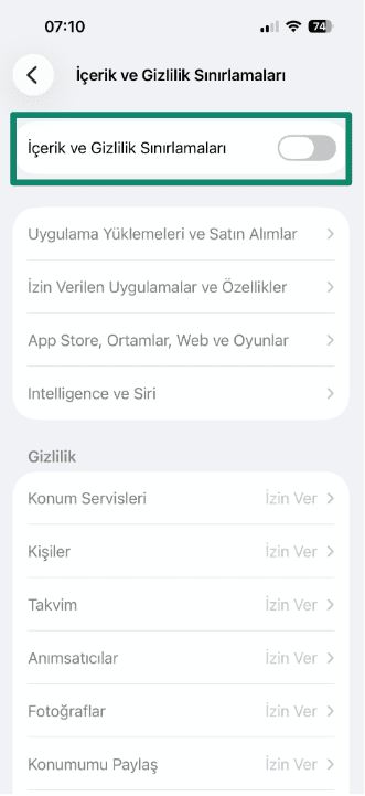 Content & Privacy Restrictions screen with toggle switched off.