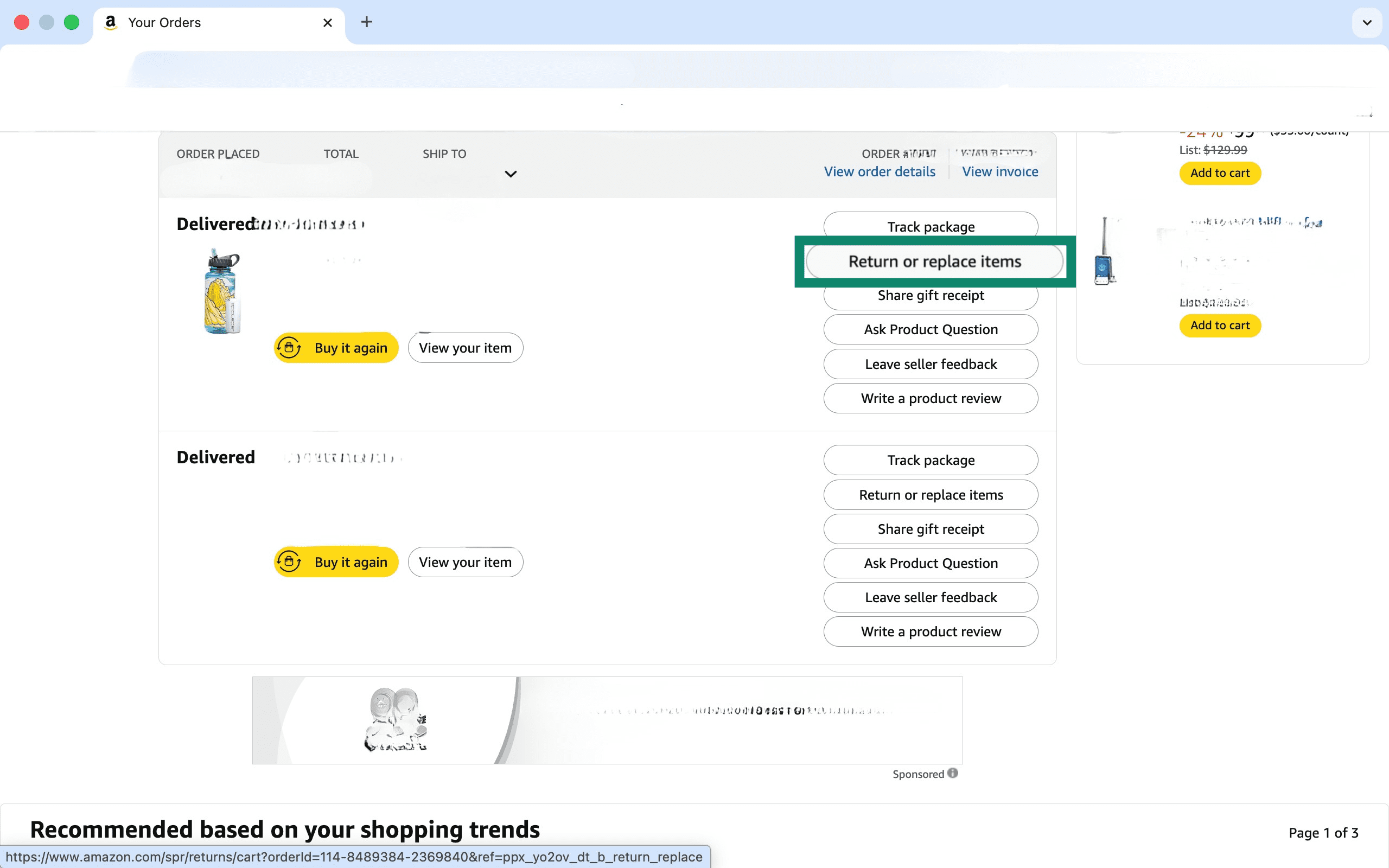 The Amazon Your Orders page, highlighting the 