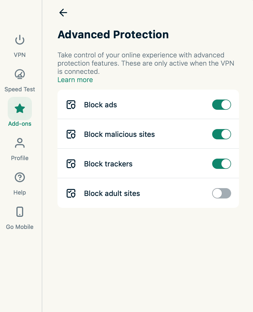 ExpressVPN Advanced Protection screen showing toggles to block ads, malicious sites, trackers, and adult sites.
